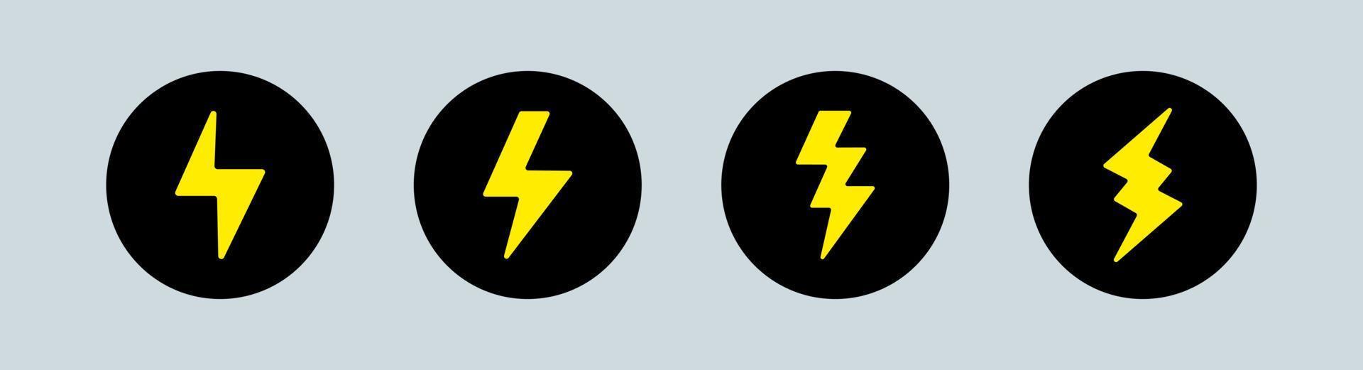 conjunto de símbolos de electricidad de energía de poder de relámpago de rayo. diseño vectorial negro y amarillo. vector