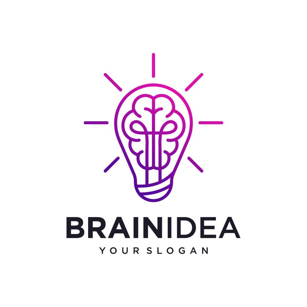 icono de línea plana de idea creativa. cerebro en la ilustración de vector de bombilla. signo delgado de innovación, solución, logotipo de educación.