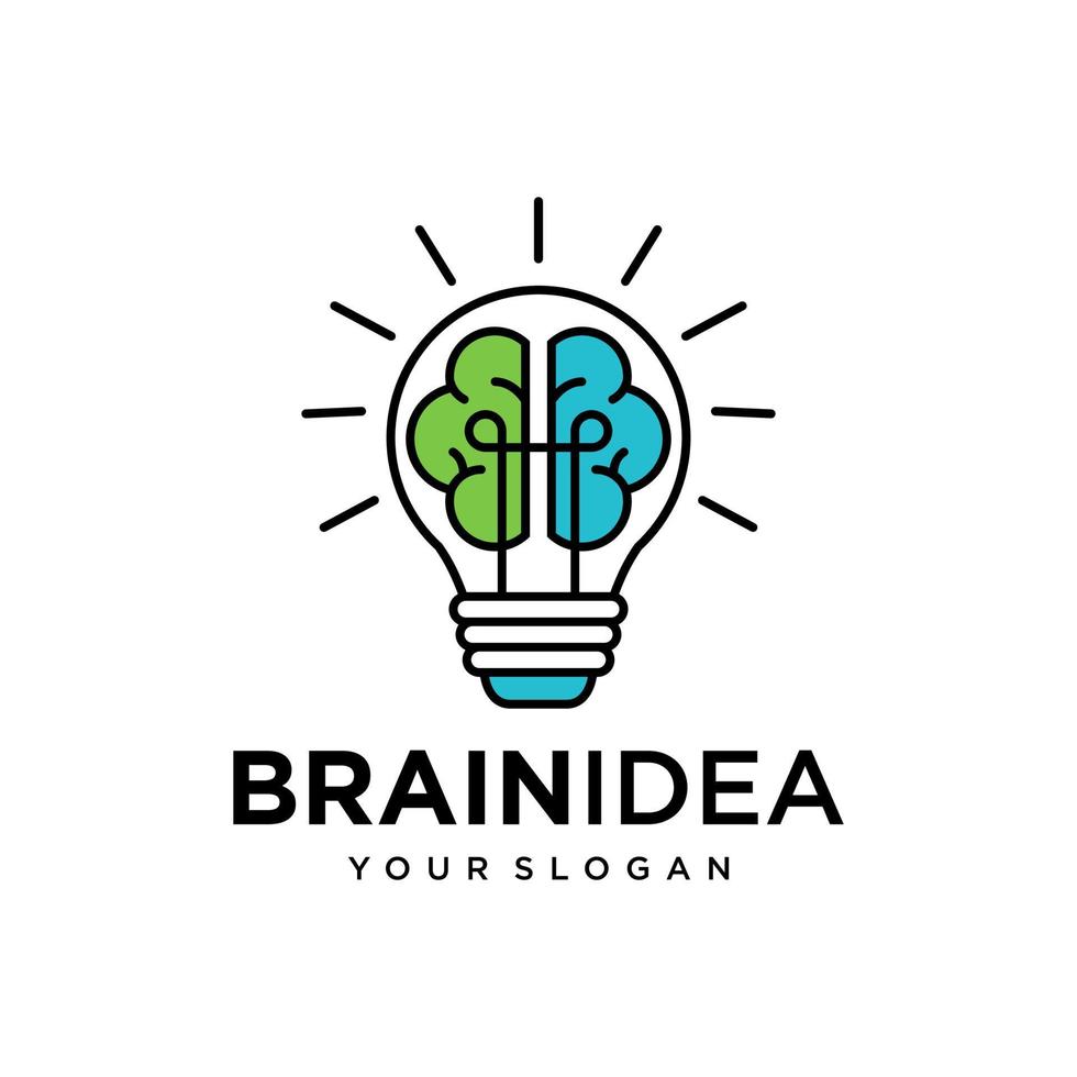 icono de línea plana de idea creativa. cerebro en la ilustración de vector de bombilla. signo delgado de innovación, solución, logotipo de educación.