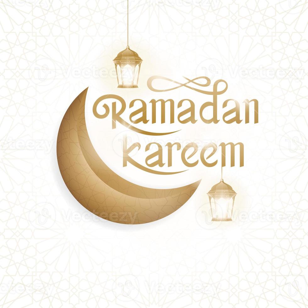 caligrafía de tarjeta de felicitación ramadan kareem con linterna tradicional y media luna foto