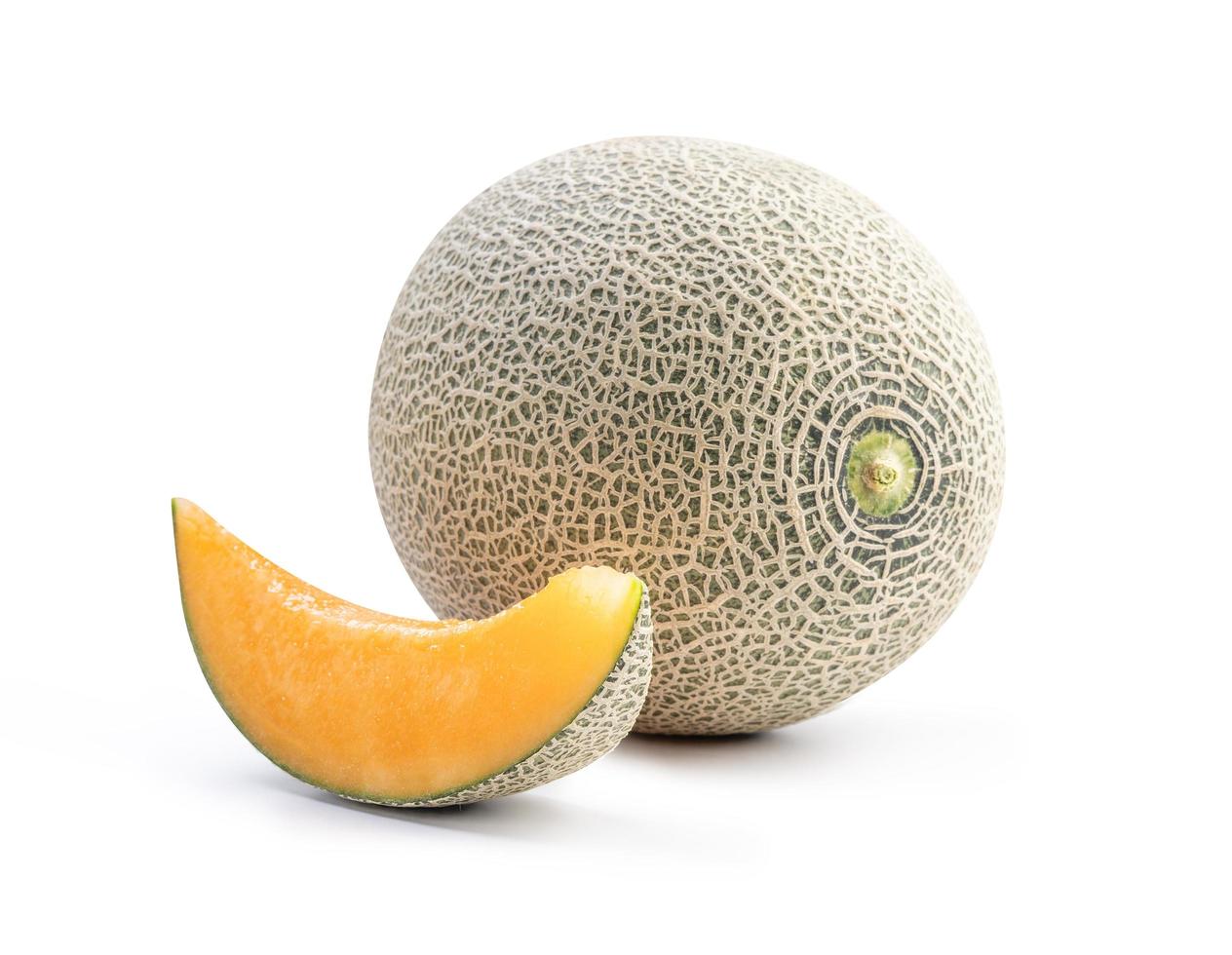 Sliced cantaloupe - Close up, clipping path, cut out. Beautiful tasty fresh ripe rock cantaloup melon fruit with seeds isolated on white background. photo