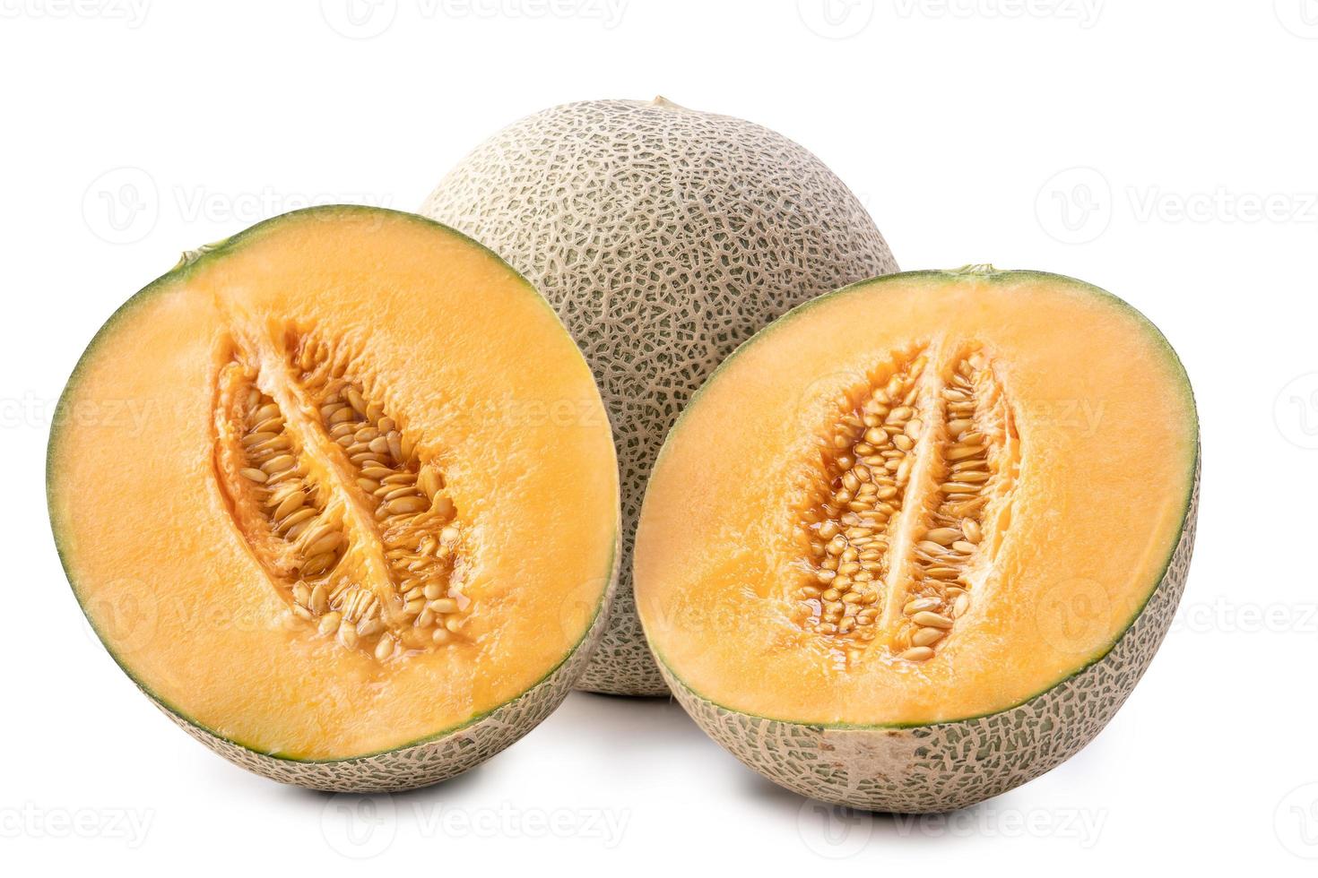 Beautiful tasty sliced juicy cantaloupe melon, muskmelon, rock melon isolated on white background, close up, clipping path, cut out. photo