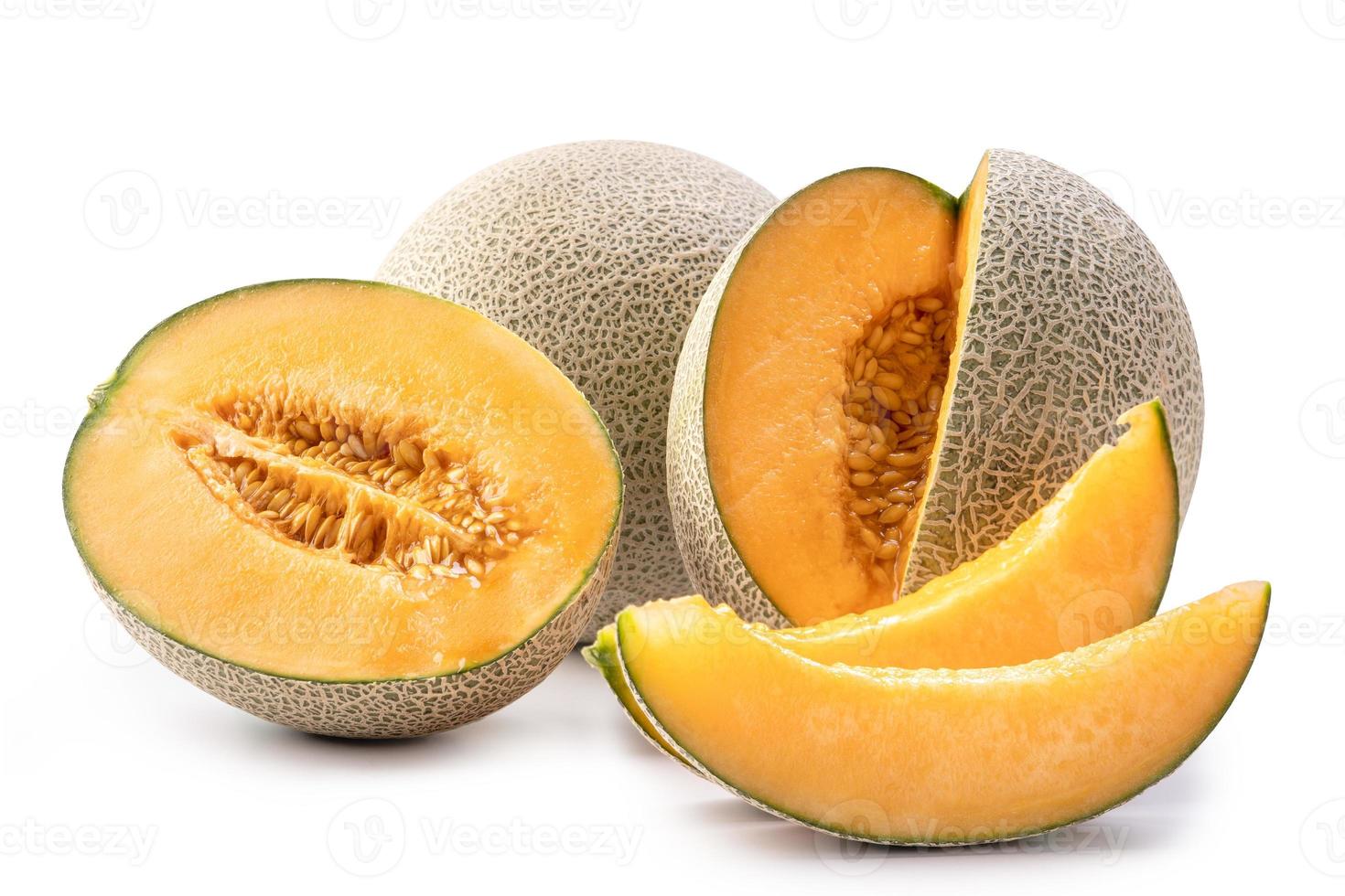 Beautiful tasty sliced juicy cantaloupe melon, muskmelon, rock melon isolated on white background, close up, clipping path, cut out. photo