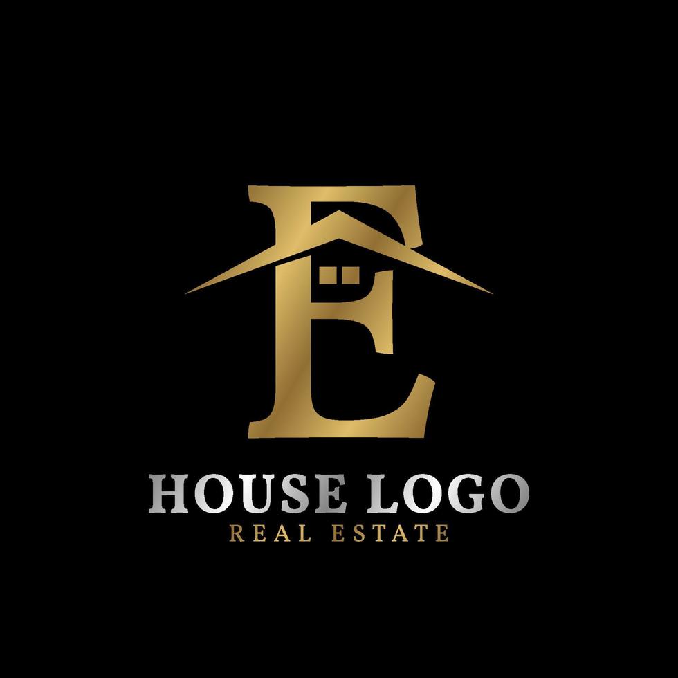 letter E with roof and window luxurious real estate vector logo design