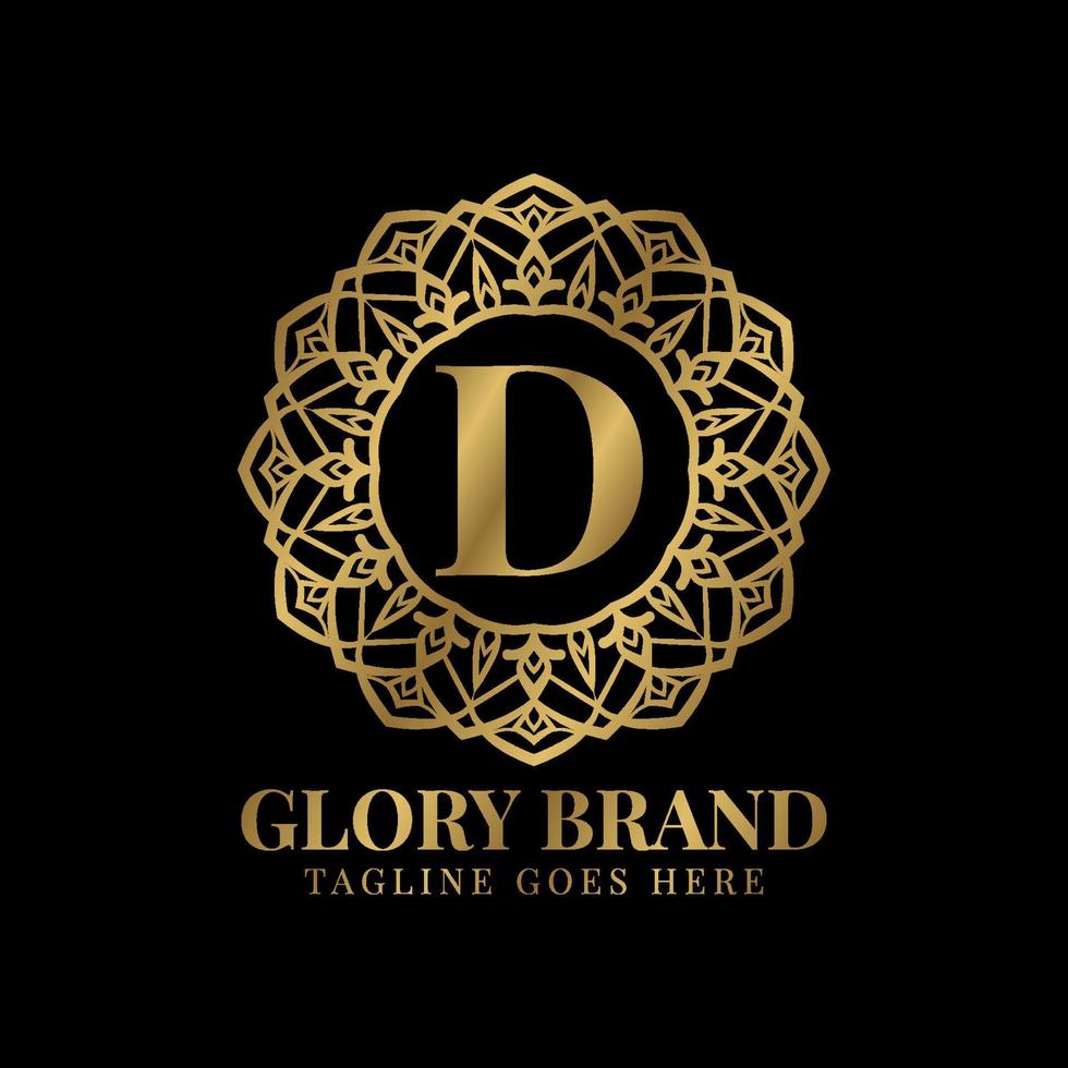 letra d gloria mandala vintage color dorado lujo vector logo diseño