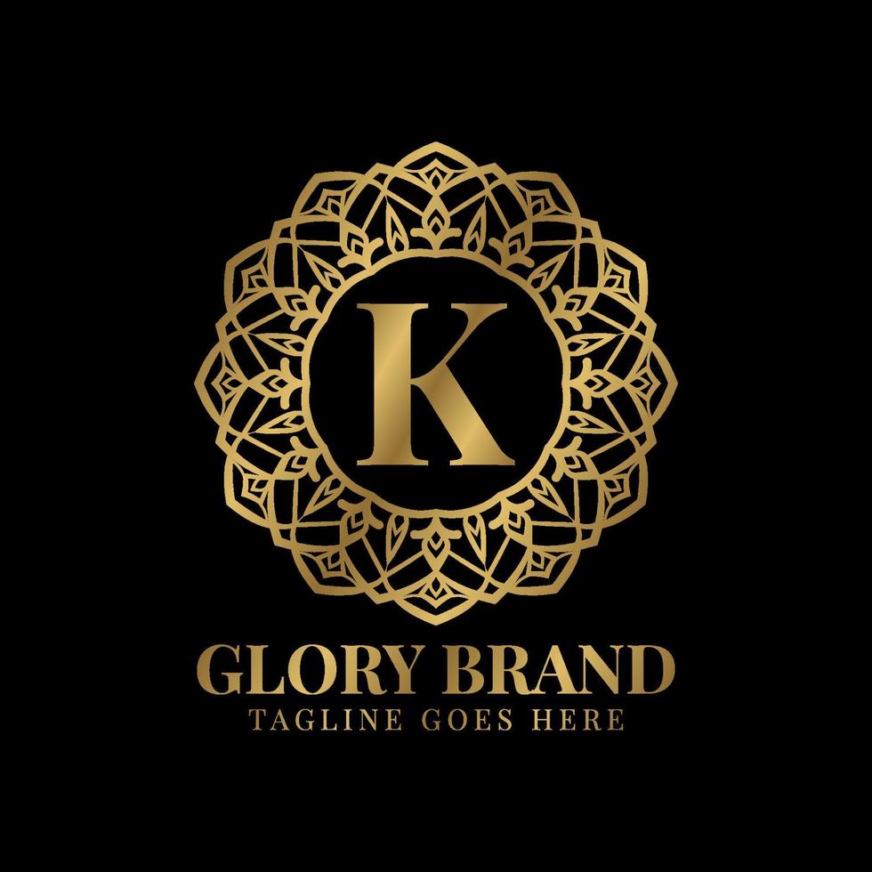 letra k gloria mandala vintage color dorado lujo vector logo diseño