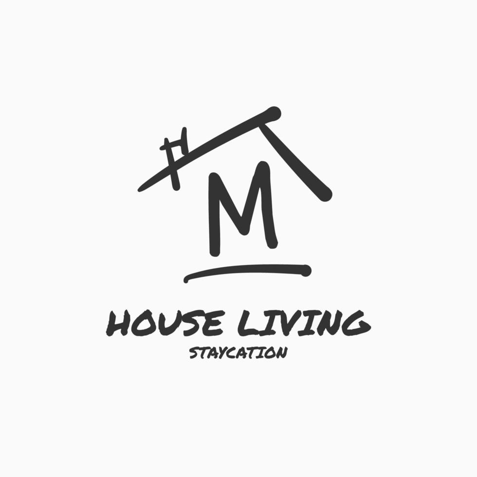 letter M minimalist doodle house vector logo design