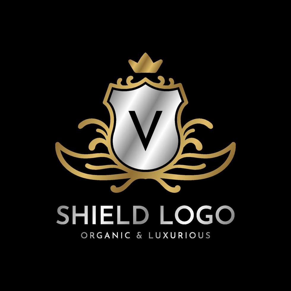 diseño de logotipo de vector de lujo de oro y plata de escudo de letra v