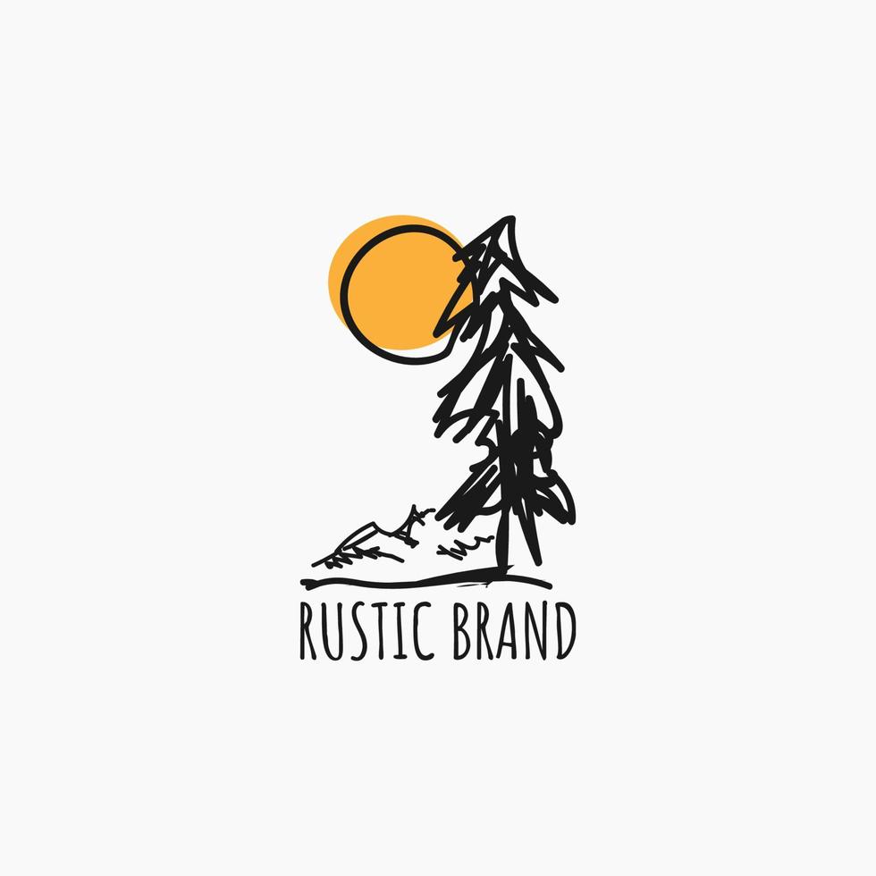 pino frente al diseño de logotipo de vector rústico estilo doodle de montaña