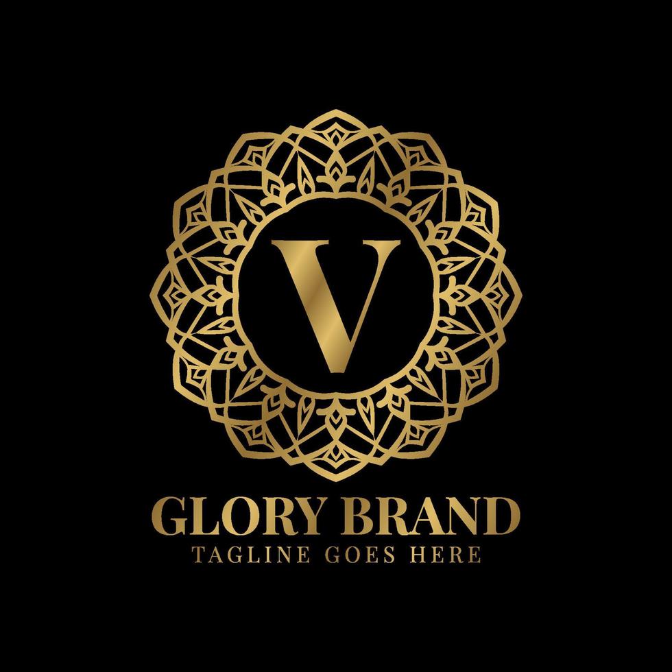 letter V glory mandala vintage golden color luxury vector logo design