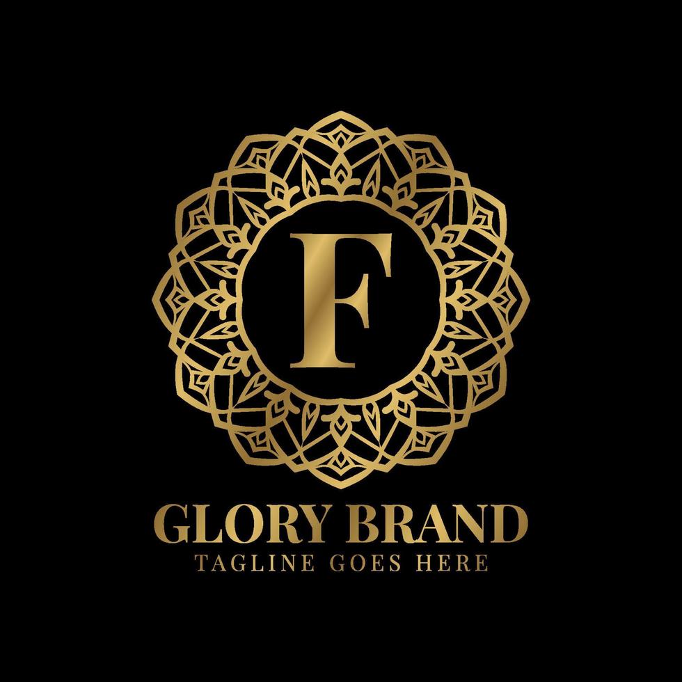 letter F glory mandala vintage golden color luxury vector logo design