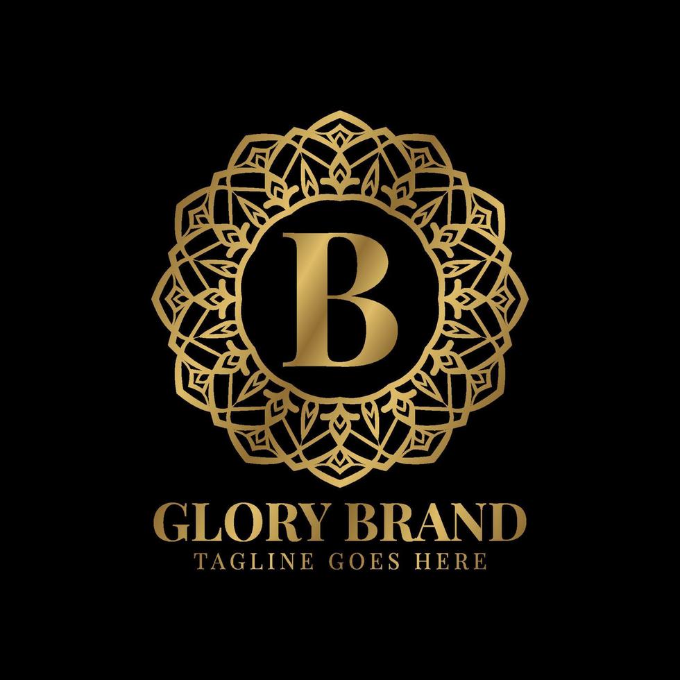 letter B glory mandala vintage golden color luxury vector logo design