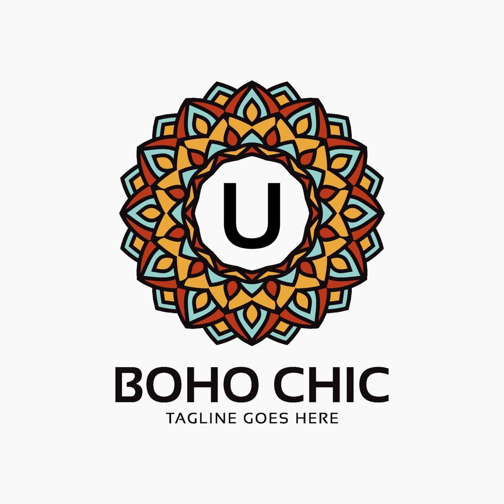 letter U boho chic round decoration vintage color mandala vector logo design element
