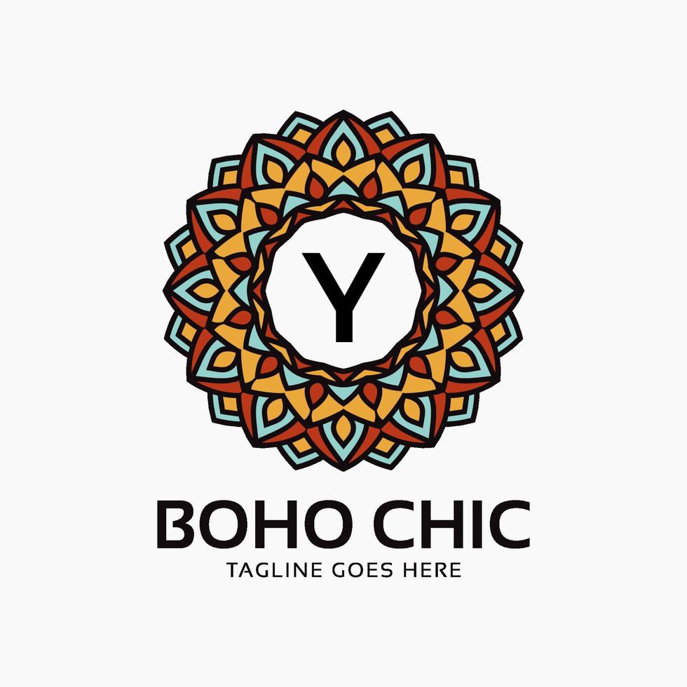 letter Y boho chic round decoration vintage color mandala vector logo design element