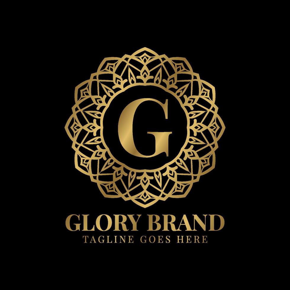 letra g gloria mandala vintage color dorado lujo vector logo diseño