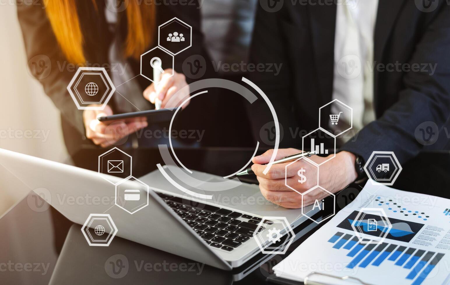 Business team partnership meeting. hand using laptop, tablet and smartphone  in office. in VR icon photo