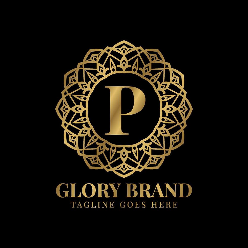 letra p gloria mandala vintage color dorado lujo vector logo diseño
