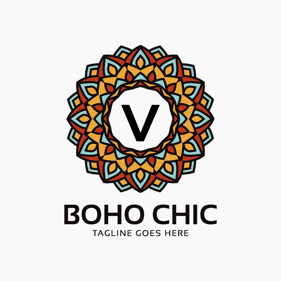 letter V boho chic round decoration vintage color mandala vector logo design element