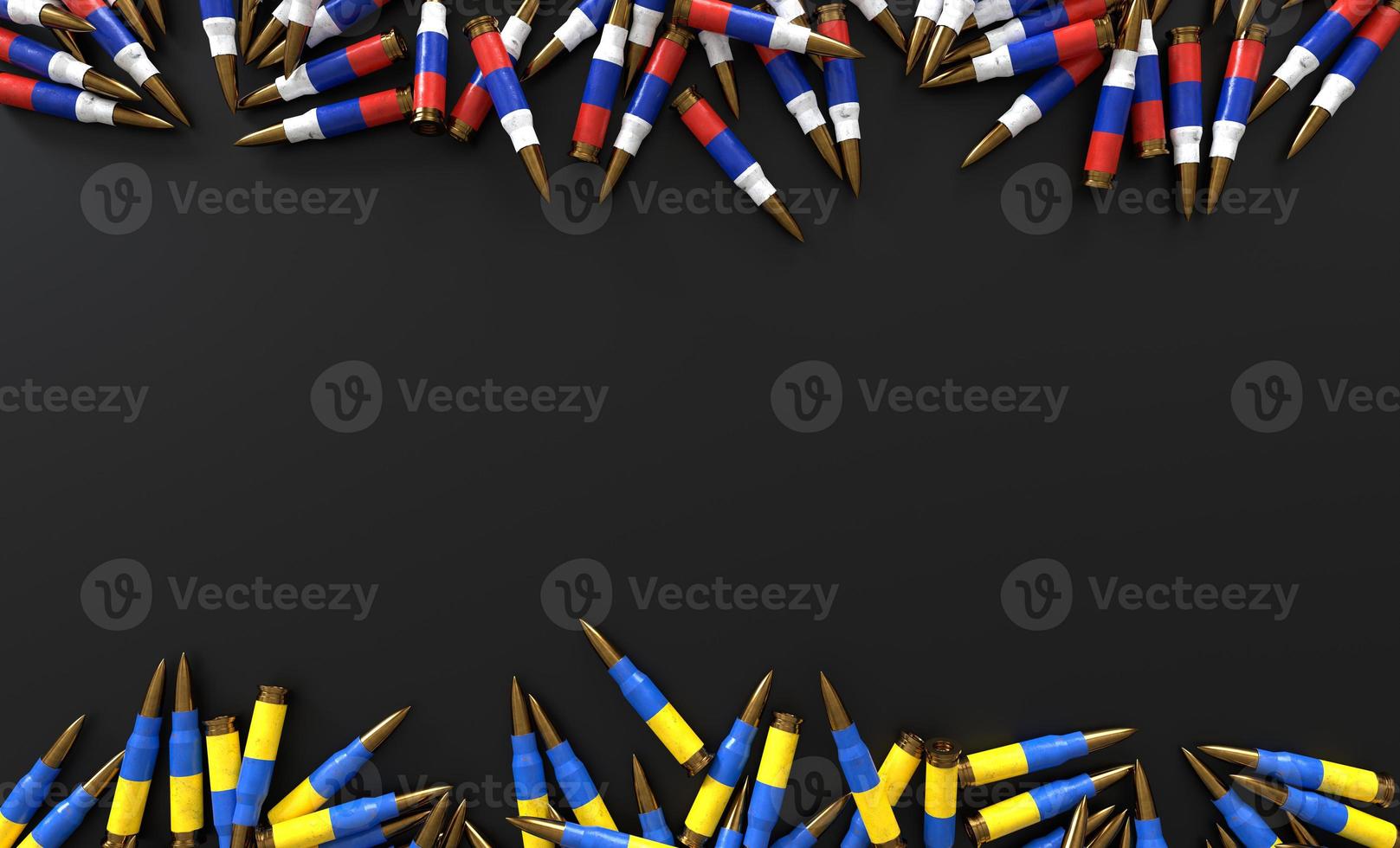 Ukraine and Russia bullets on black background. photo