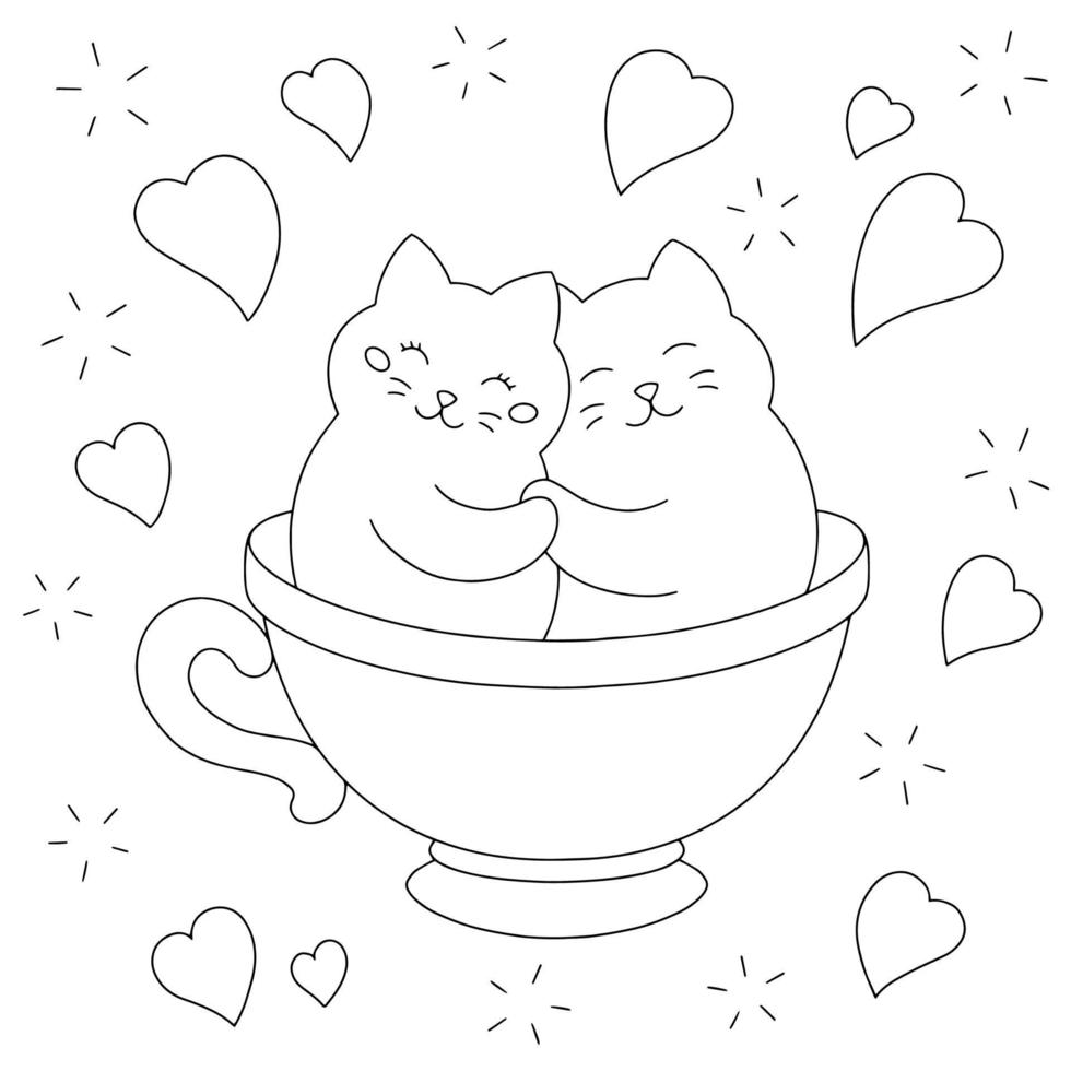 A couple of cute cats are hugging in a cup. Coloring book page for kids