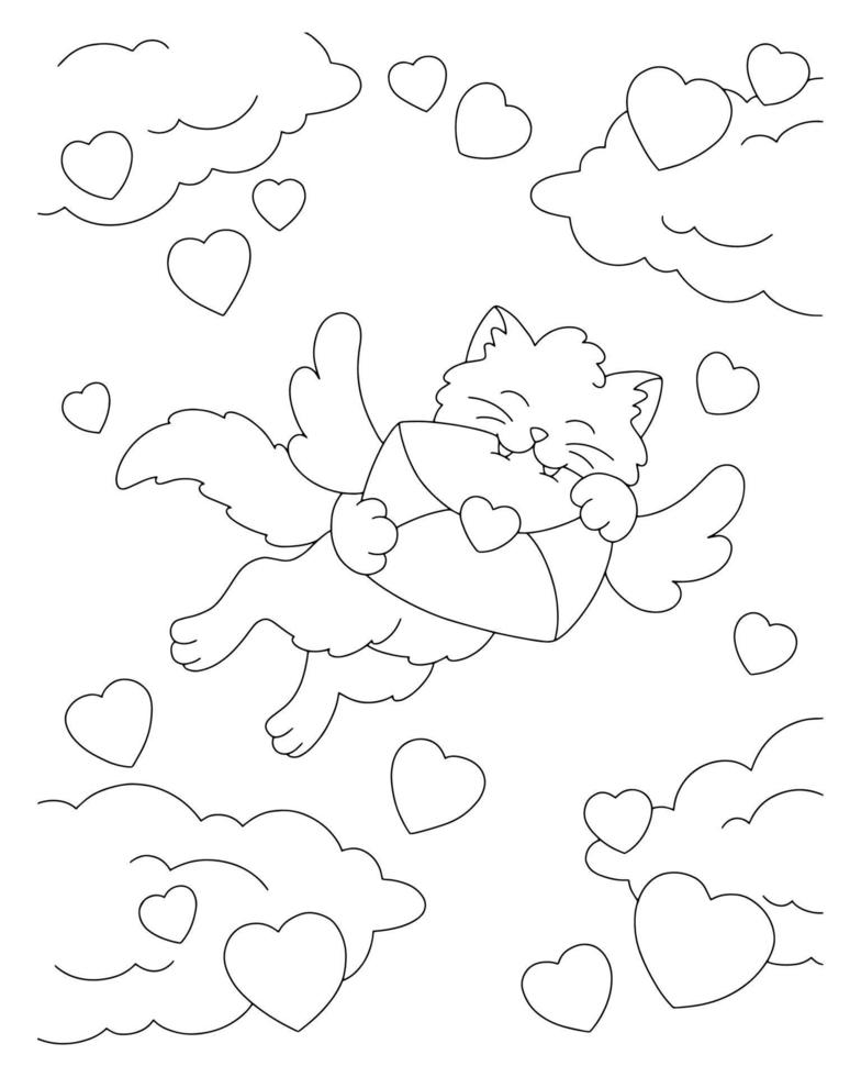Cupid cat carries a love letter. Coloring book page for kids. Valentine's Day. Cartoon style character. Vector illustration isolated on white background.