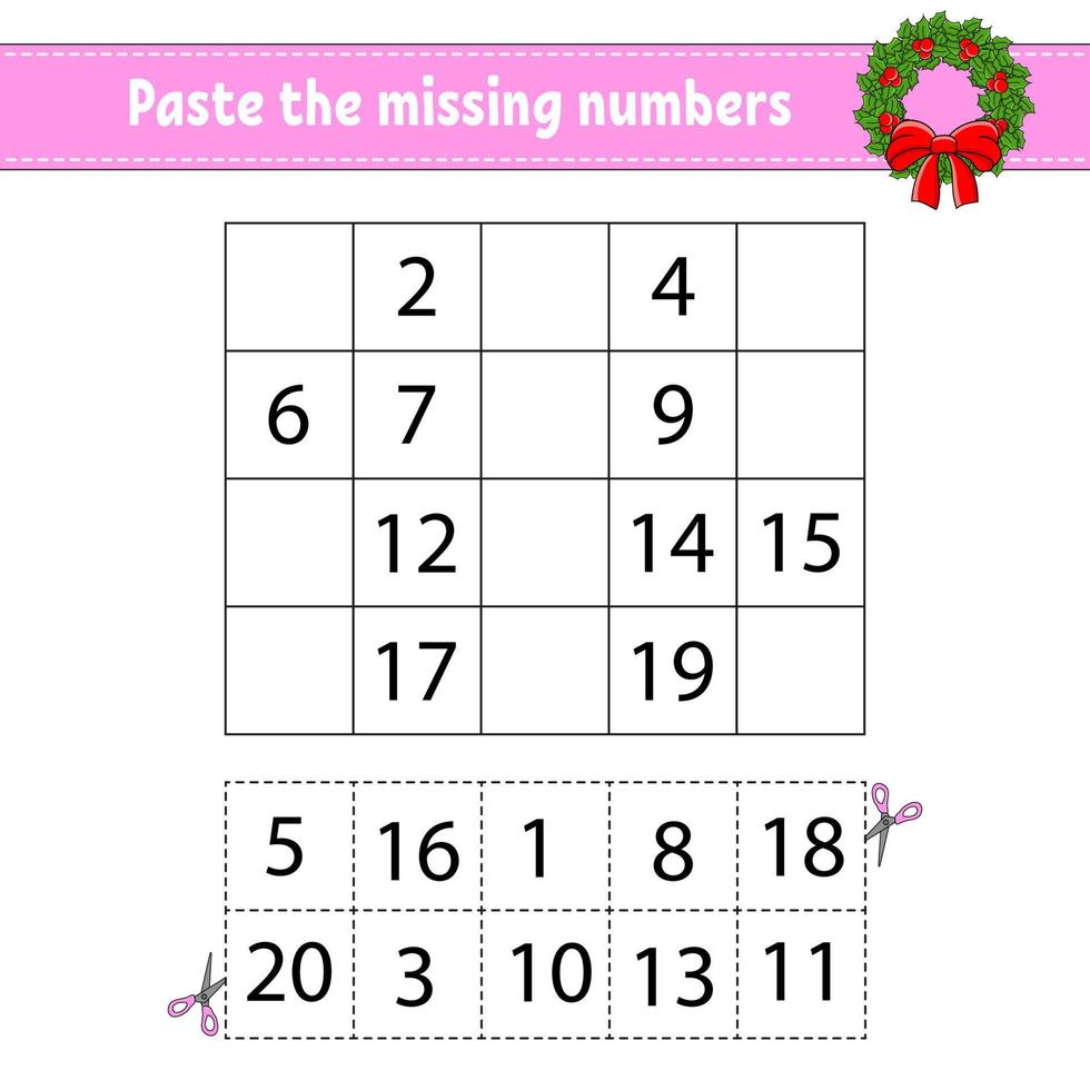 Paste the missing numbers 1-20. Game for children. Handwriting practice. Learning numbers for kids. Education developing worksheet. Activity page. Isolated vector illustration in cute cartoon style.