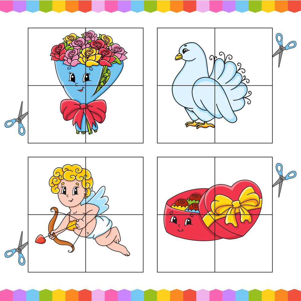 Cut and play. Paper game with glue. Flash cards. Education worksheet. Activity page. Funny character. Isolated vector illustration. cartoon style. Valentine's Day