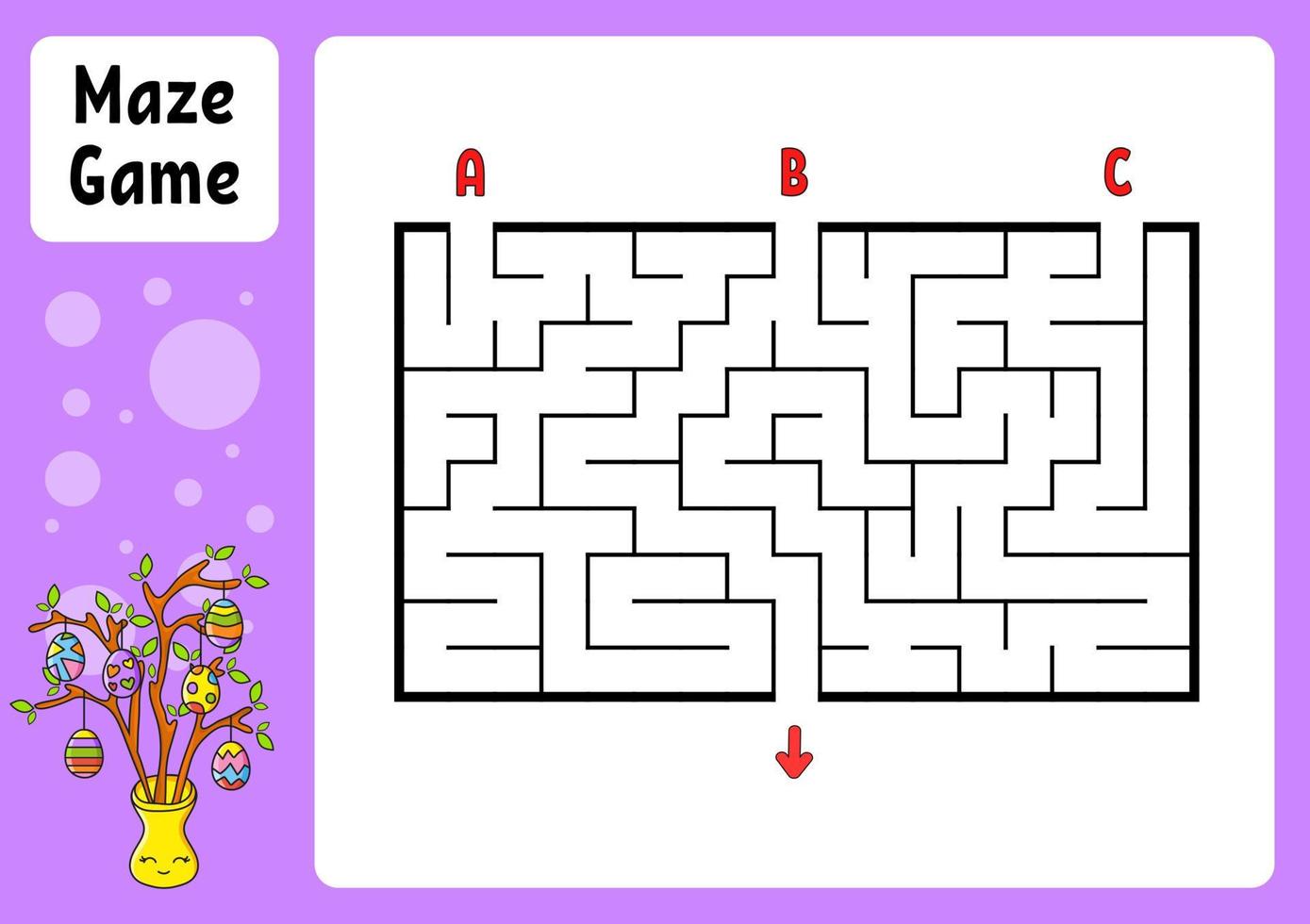 Rectangle maze. Game for kids. Three entrances, one exit. Education worksheet. Puzzle for children. Labyrinth conundrum. Color vector illustration. Find the right path. Easter theme.