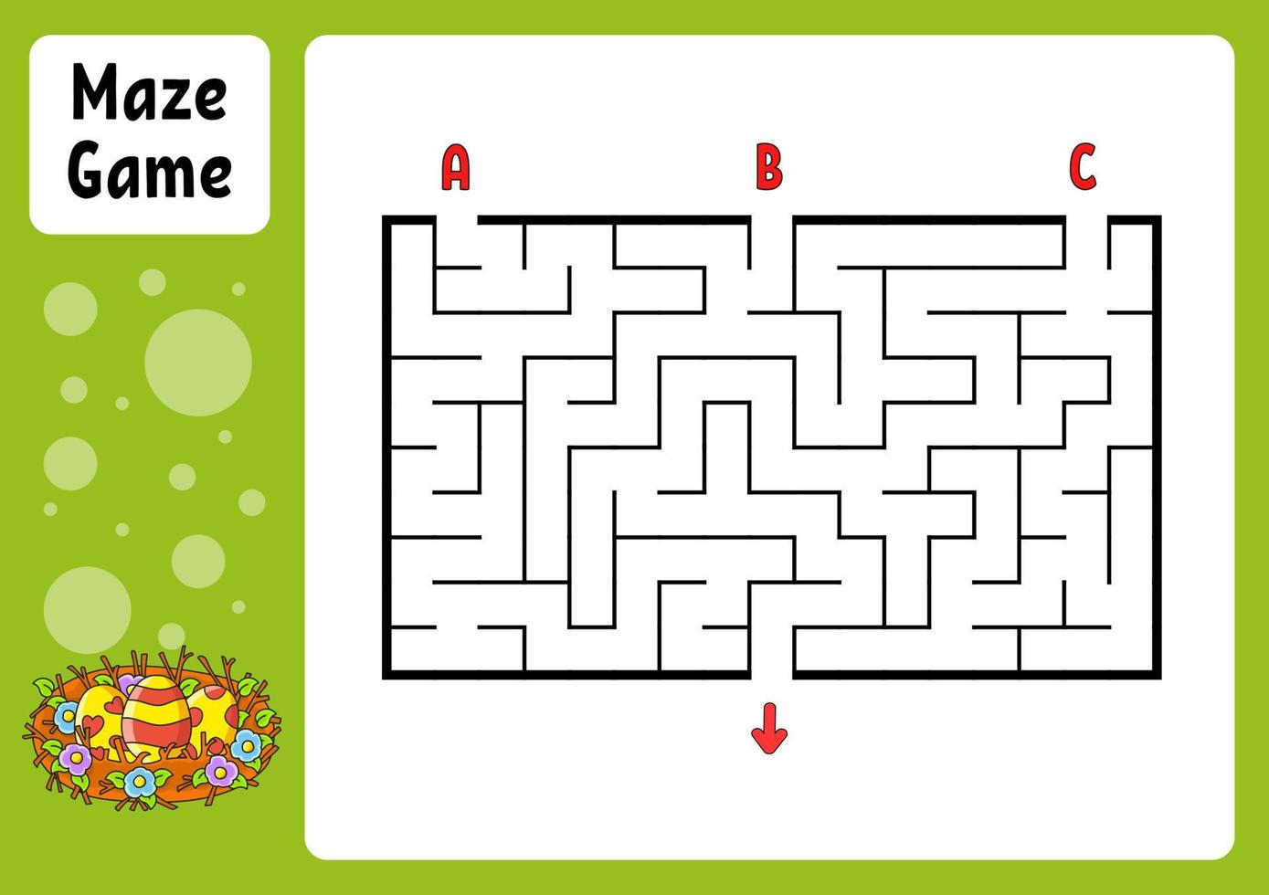 Rectangle maze. Game for kids. Three entrances, one exit. Education worksheet. Puzzle for children. Labyrinth conundrum. Color vector illustration. Find the right path. Easter theme.