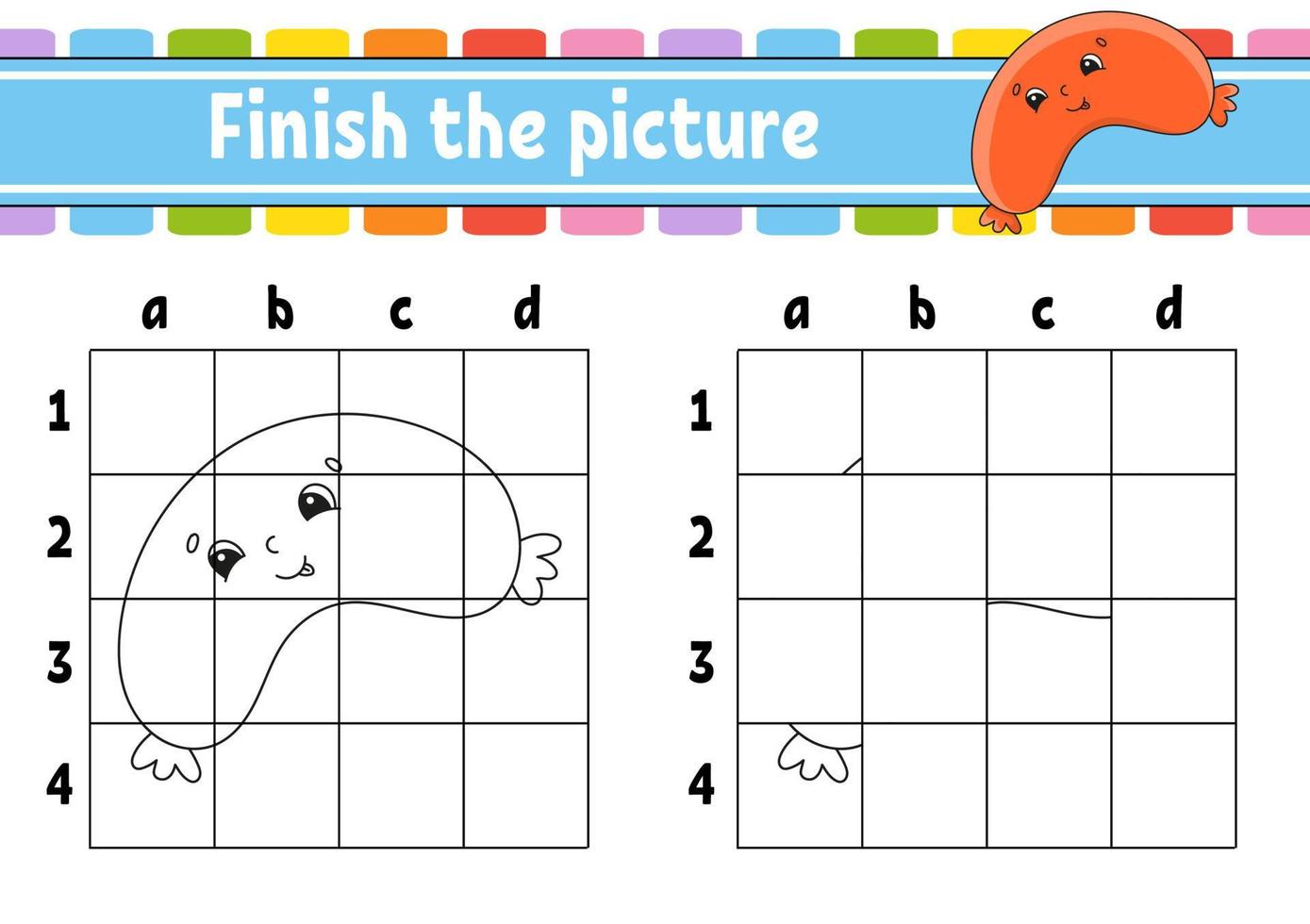 Finish the picture. Coloring book pages for kids. Education developing worksheet. Game for children. Handwriting practice. cartoon character. Vector illustration. Barbecue theme.