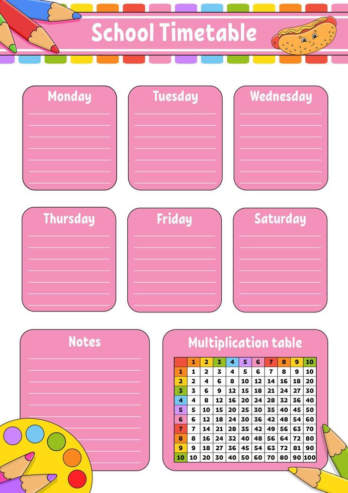 School timetable with multiplication table. For the education of children. Isolated on a white background. With a cute cartoon character. vector