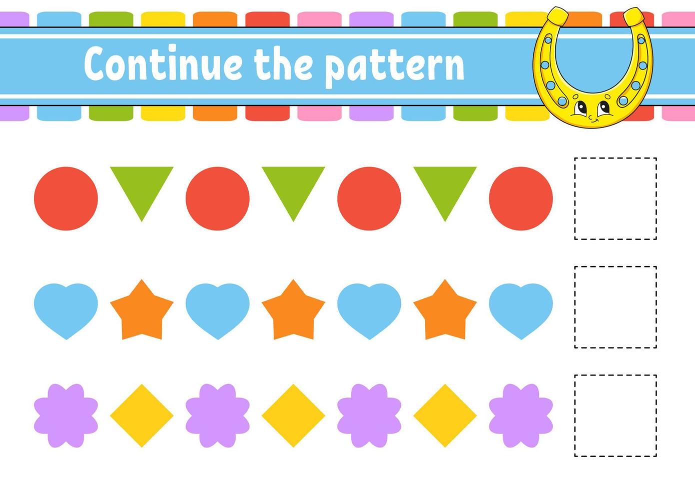 Continue the pattern. Education developing worksheet. Game for kids. Activity page. Puzzle for children. Riddle for preschool. Flat isolated vector illustration. Cute cartoon style.