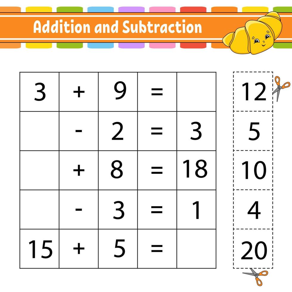 Addition and subtraction. Task for kids. Cut and paste. Education developing worksheet. Activity page. Game for children. Funny character. Isolated vector illustration. cartoon style.