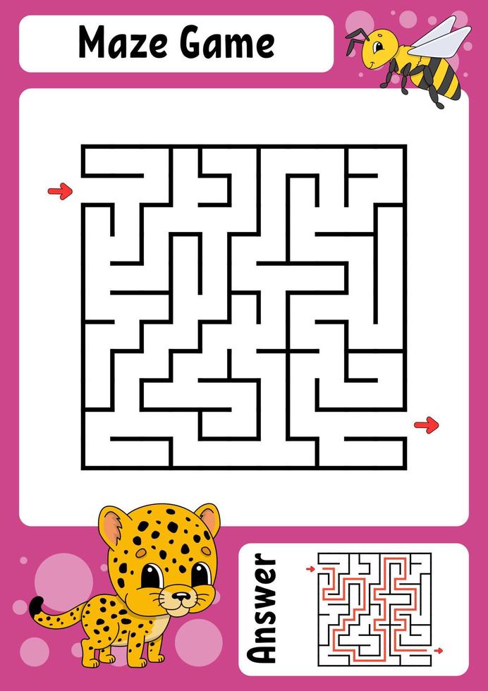 Square maze. Game for kids. Funny labyrinth. Education developing worksheet. Activity page. Puzzle for children. Cartoon style. Riddle for preschool. Logical conundrum. Color vector illustration.