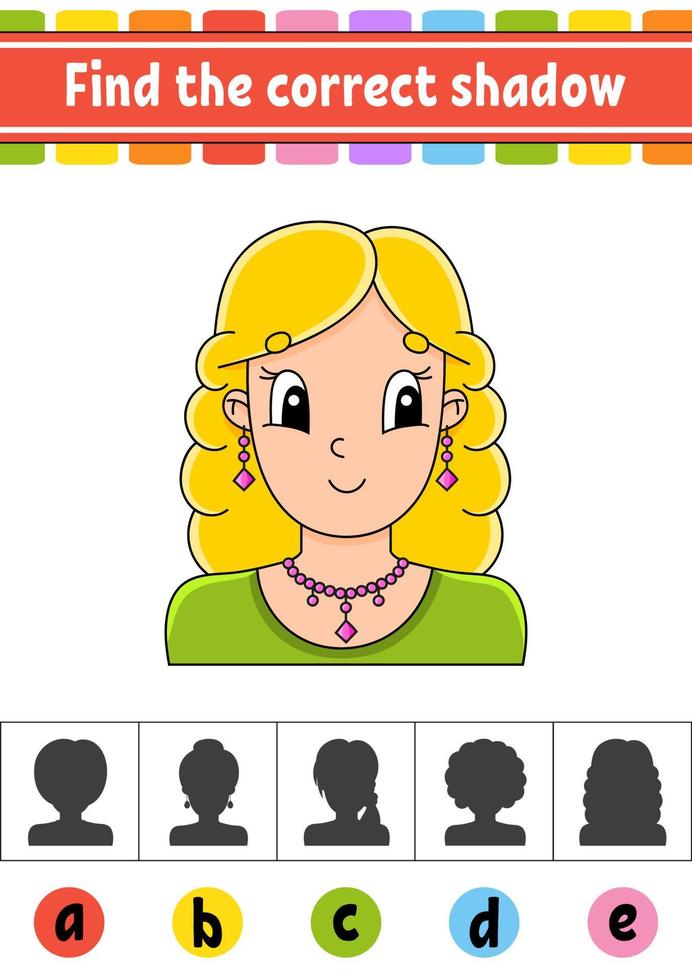 Find the correct shadow. Education developing worksheet. Activity page. Color game for children. Isolated vector illustration. Cartoon character.