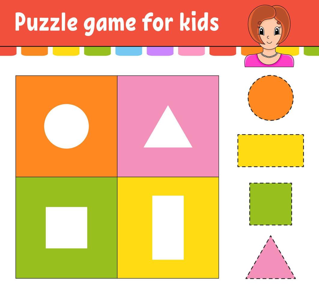 Puzzle game for kids. Cut and paste. Cutting practice. Learning shapes. Education worksheet. Circle, square, rectangle, triangle. Activity page. Cartoon character. vector