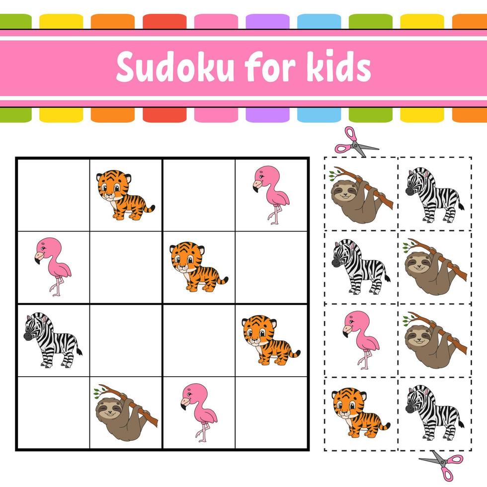 sudoku para niños. hoja de trabajo de desarrollo educativo. página de actividades con imágenes. juego de rompecabezas para niños. entrenamiento del pensamiento lógico. ilustración vectorial aislada. tema de animales estilo de dibujos animados vector