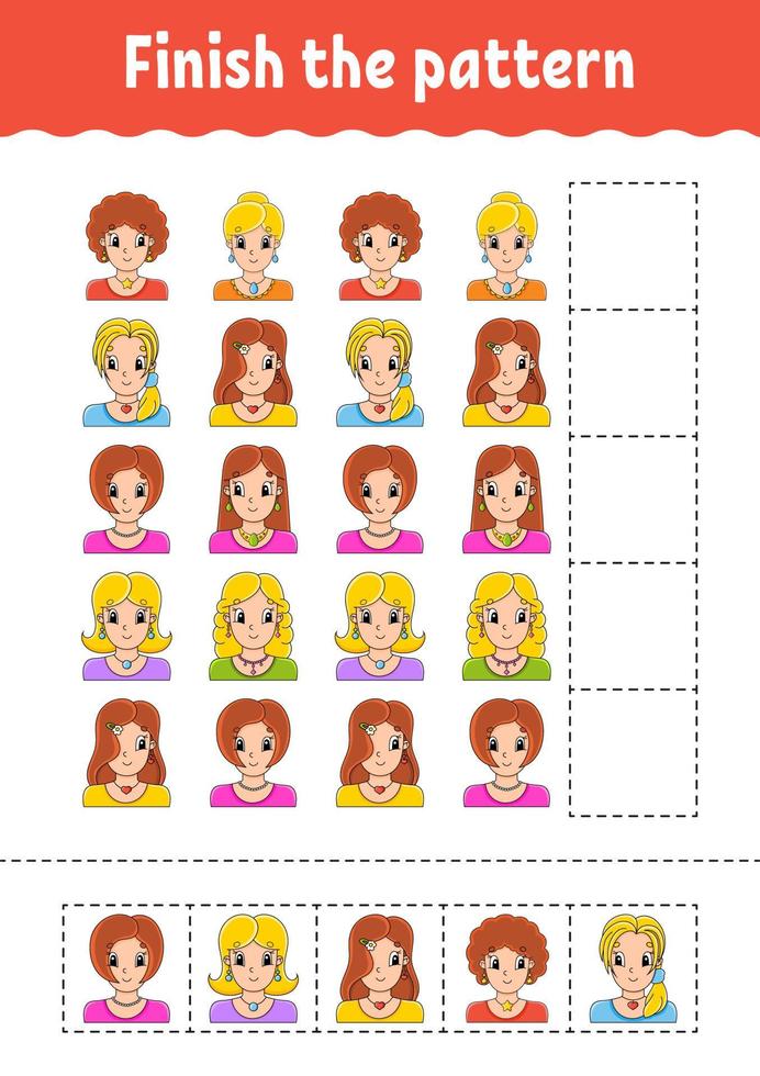 Finish the pattern. Cut and play. Education developing worksheet. Activity page. cartoon character. Vector illustration.