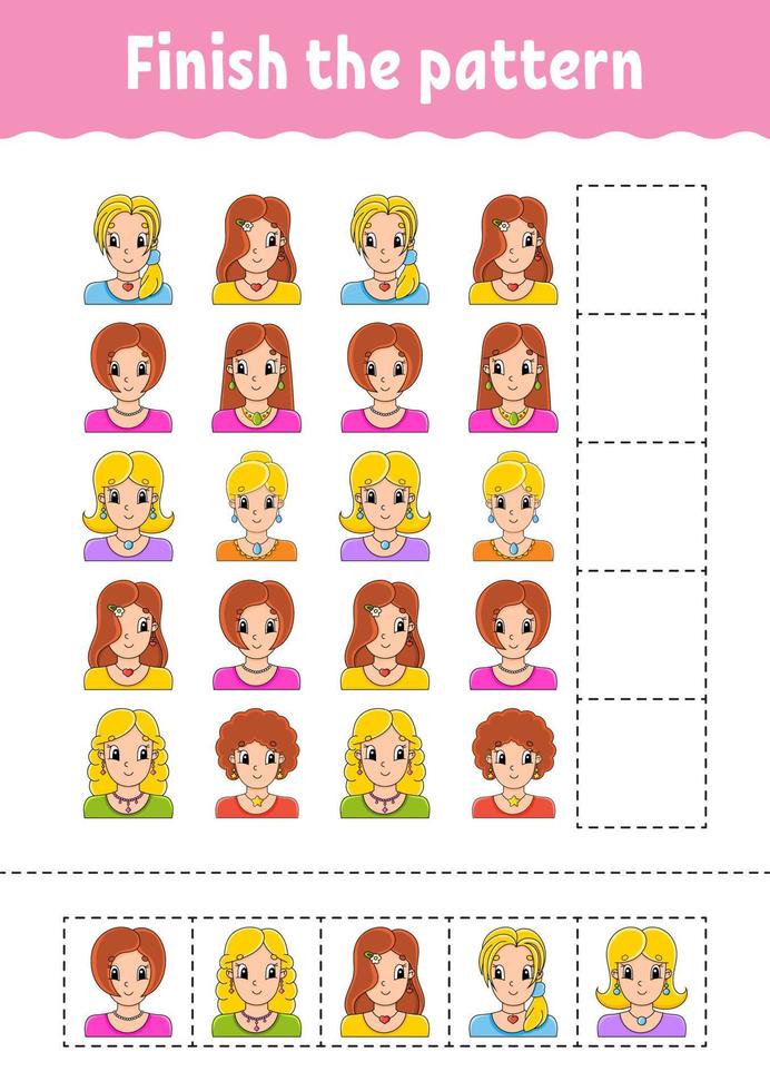 Finish the pattern. Cut and play. Education developing worksheet. Activity page. cartoon character. Vector illustration.