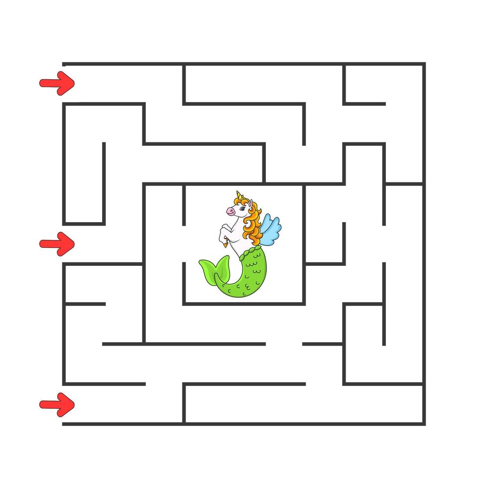 Square maze. Game for kids. Puzzle for children. Happy character. Labyrinth conundrum. Color vector illustration. Find the right path. Isolated vector illustration. cartoon style.