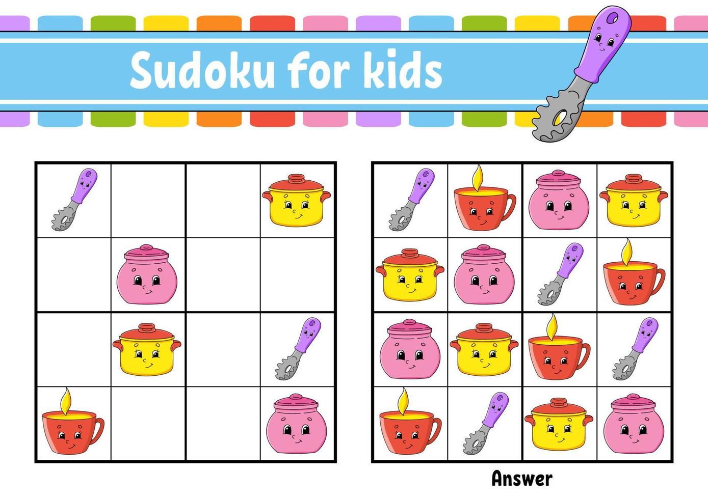 Dishware theme. Sudoku for kids. Education developing worksheet. Cartoon character. Color activity page. Puzzle game for children. Logical thinking training. Isolated vector illustration.