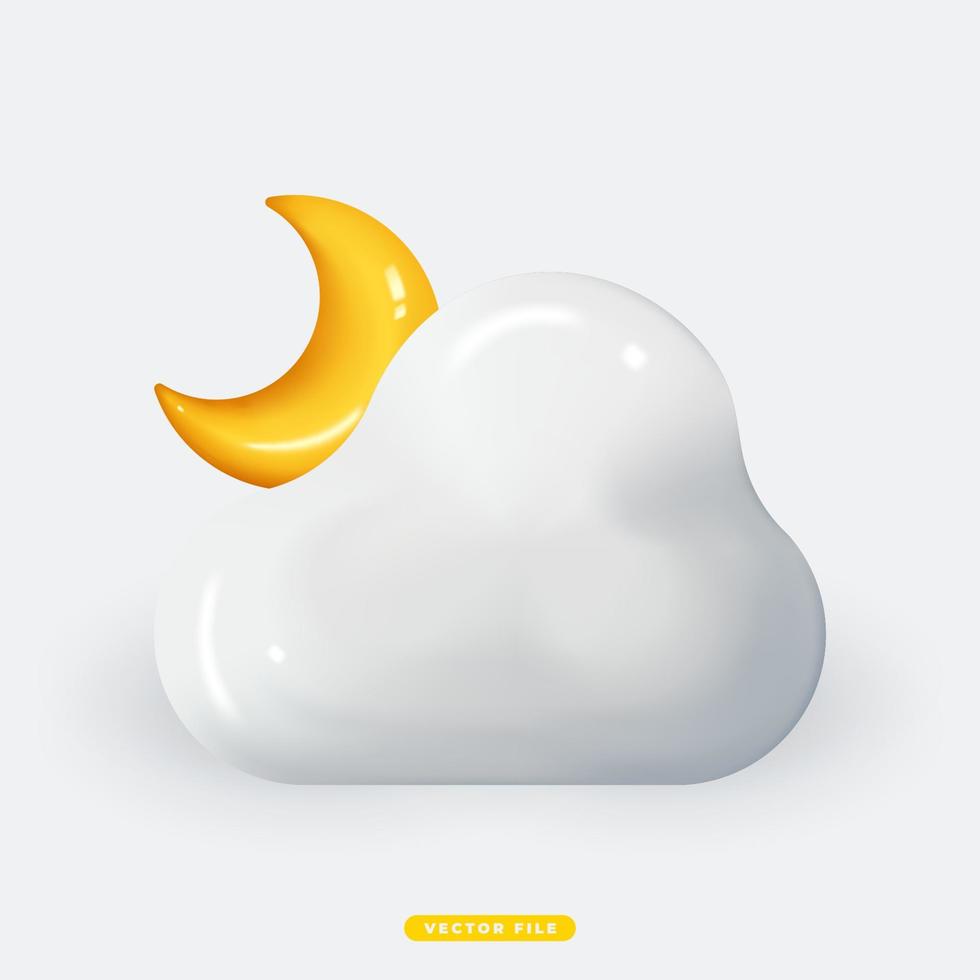Cloud with Crescent Moon 3D Realistic Weather Icon Isolated Vector Illustration. Realistic 3D icon design
