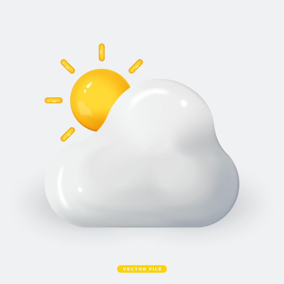 Cloud with Sun 3D Realistic Weather Icon Isolated Vector Illustration. Realistic 3D icon design