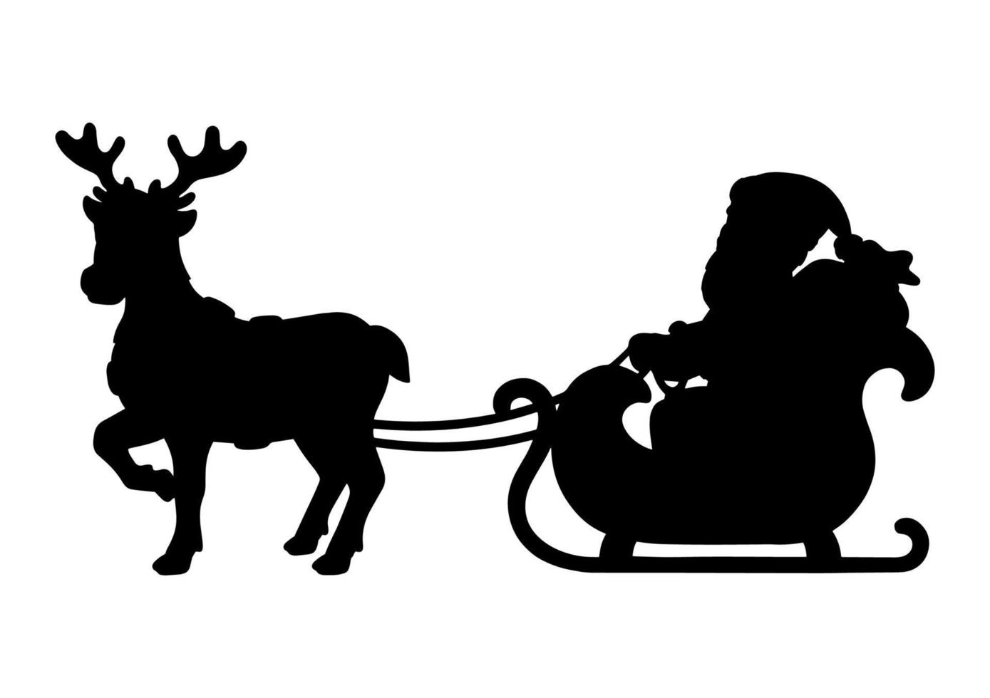 Santa Claus carries Christmas presents on a reindeer sleigh. Black silhouette. Design element. Vector illustration isolated on white background. Template for books, stickers, posters, cards, clothes.