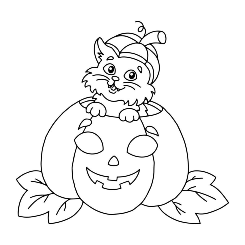 Cute cat sits in a pumpkin. Halloween theme. Coloring book page for kids. Cartoon style. Vector illustration isolated on white background.
