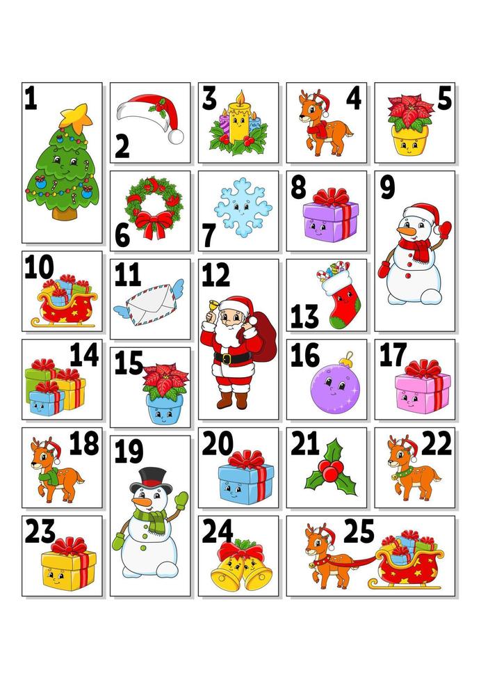 Christmas advent calendar with cute characters. Santa claus, deer, snowman, fir tree, snowflake, gift, bauble, sock. Cartoon style. With numbers 1 to 25. Vector illustration. Holiday preparation.