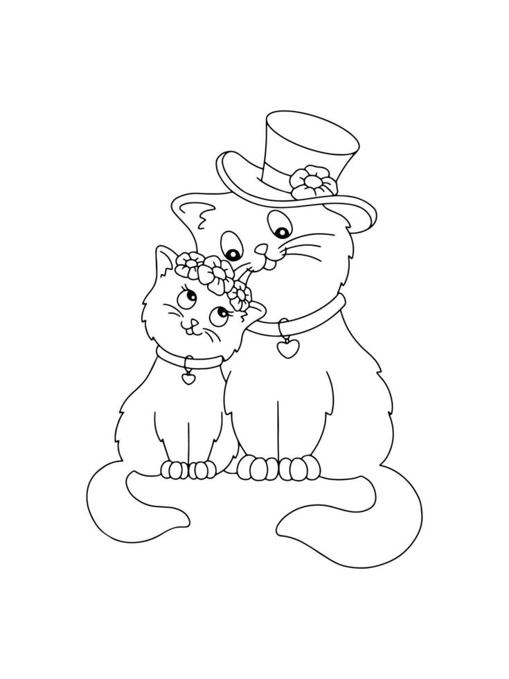 Linda pareja de gatos enamorados. página de libro para colorear para niños. personaje de estilo de dibujos animados. ilustración vectorial aislado sobre fondo blanco. día de San Valentín. vector