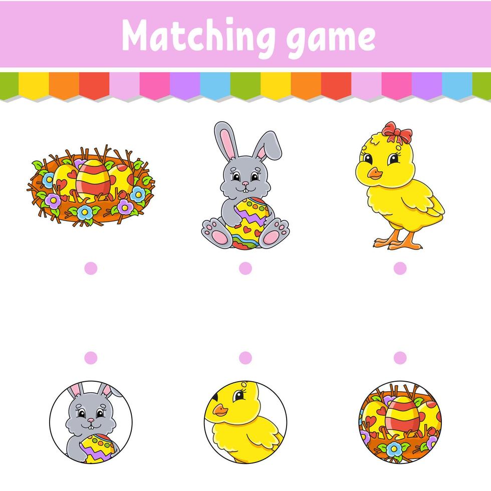 Matching game for kids. Education developing worksheet. Draw a line. Easter theme. Activity page. cartoon character. Vector illustration.