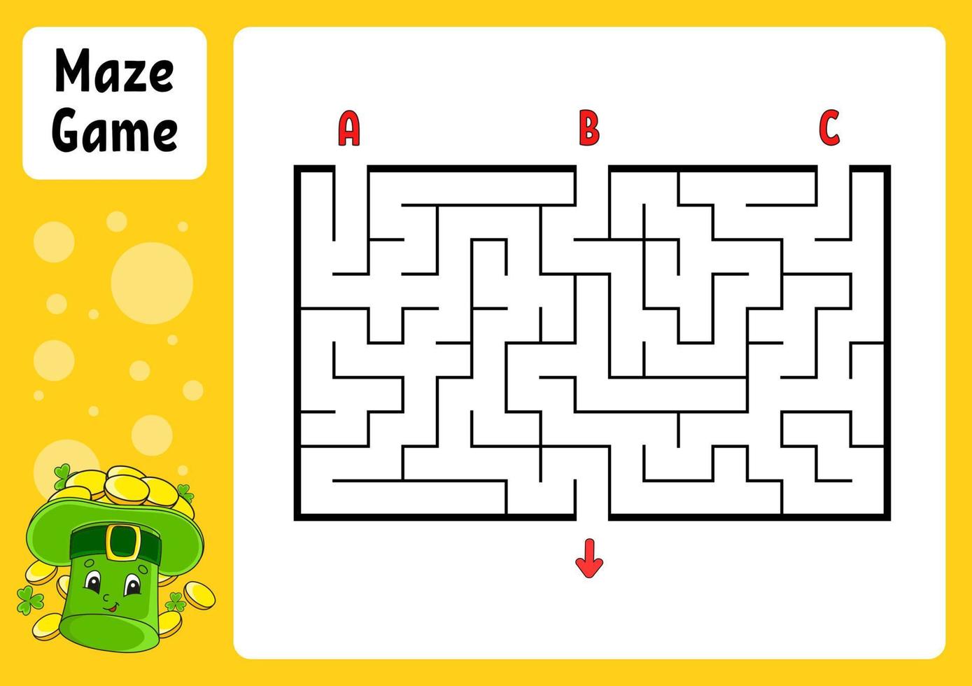 Rectangle maze. Game for kids. Three entrances, one exit. Education worksheet. Puzzle for children. Labyrinth conundrum. Color vector illustration. Find the right path. cartoon character.