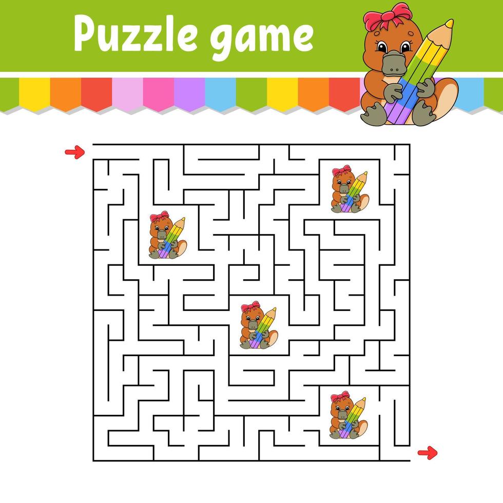 Square maze. Game for kids. Puzzle for children. Labyrinth conundrum. Color vector illustration. Find the right path. Isolated vector illustration. cartoon character.